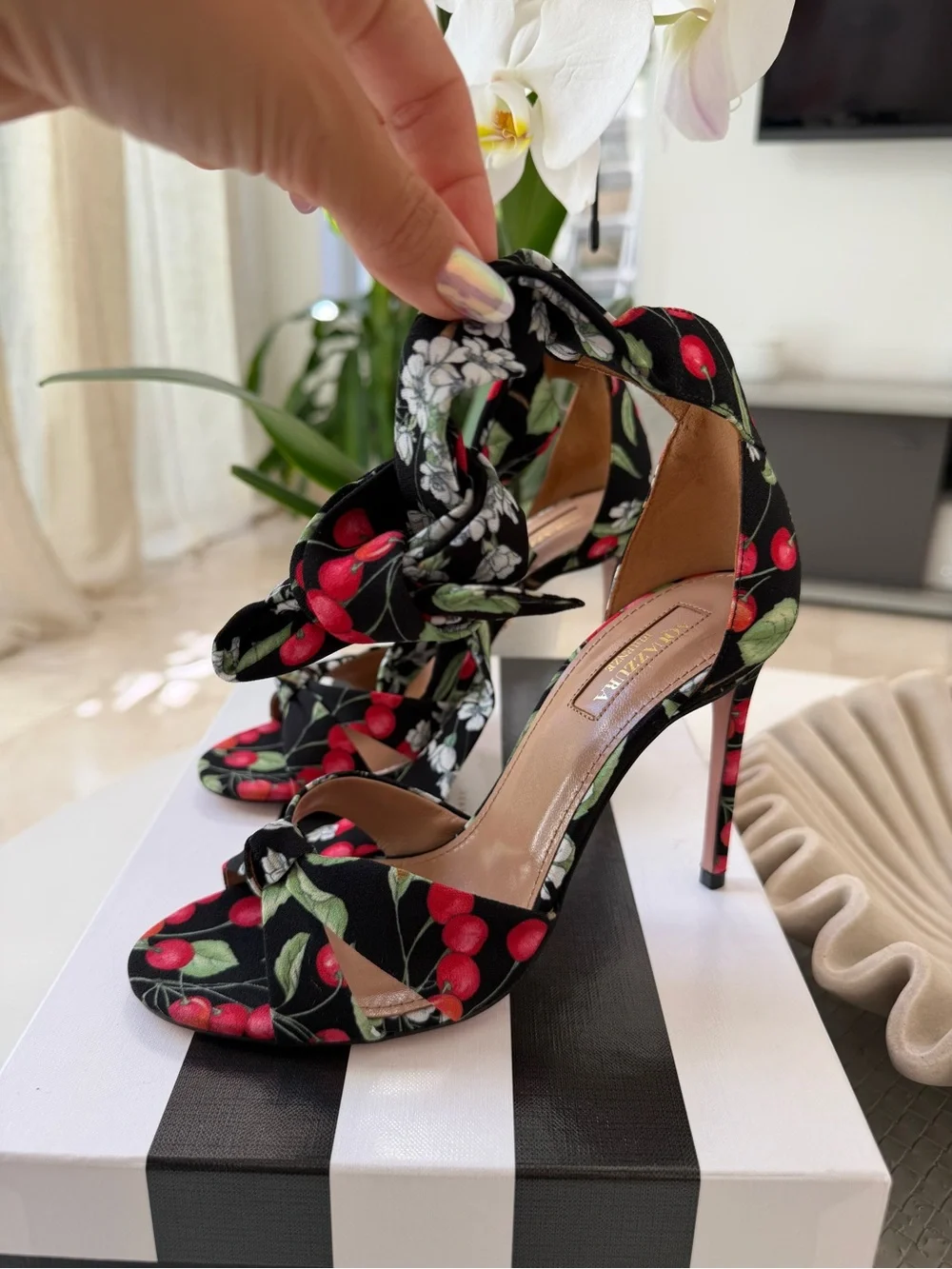 Aquazzura All Tied Up 105 Cherry Blossom Print Black Red Heels Sandlas size 36